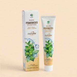 Caja y tubo de crema Dental con Probióticos Smilife HGW sabor menta fresca fondo