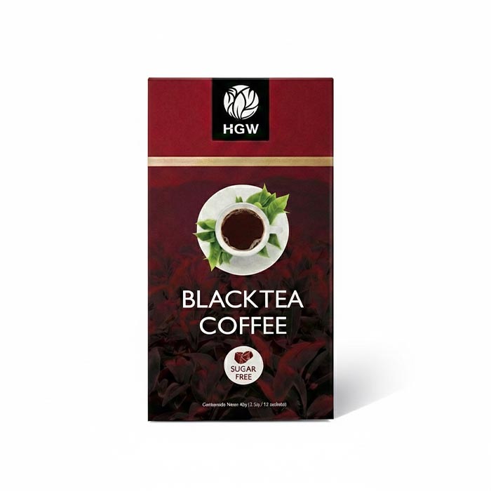Caja de Black Tea Coffee marca HGW presentación de 12 sobres. Café soluble con té negro sin azúcar.