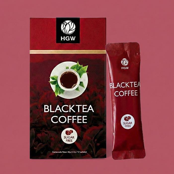 Sachet individual de 3.5g de Black Tea Coffee HGW junto al empaque principal.